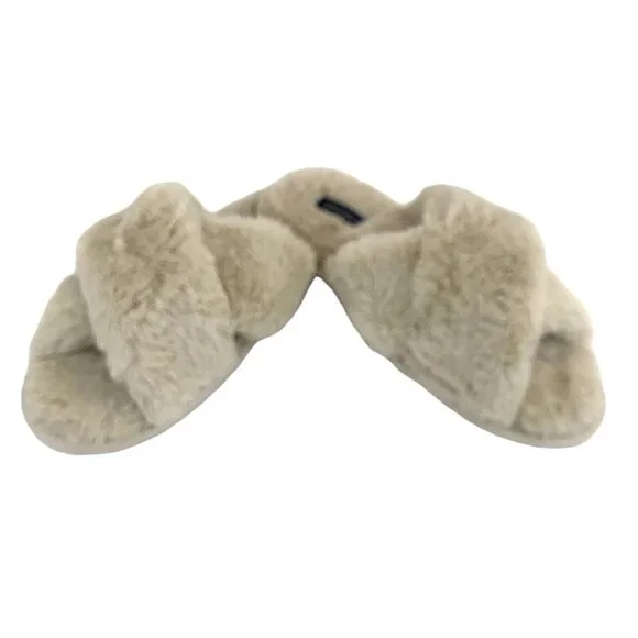 Rachel Roy Women's Fuzzy Furry CrissCross Slip On Flats Slippers Cream - Picture 5 of 10